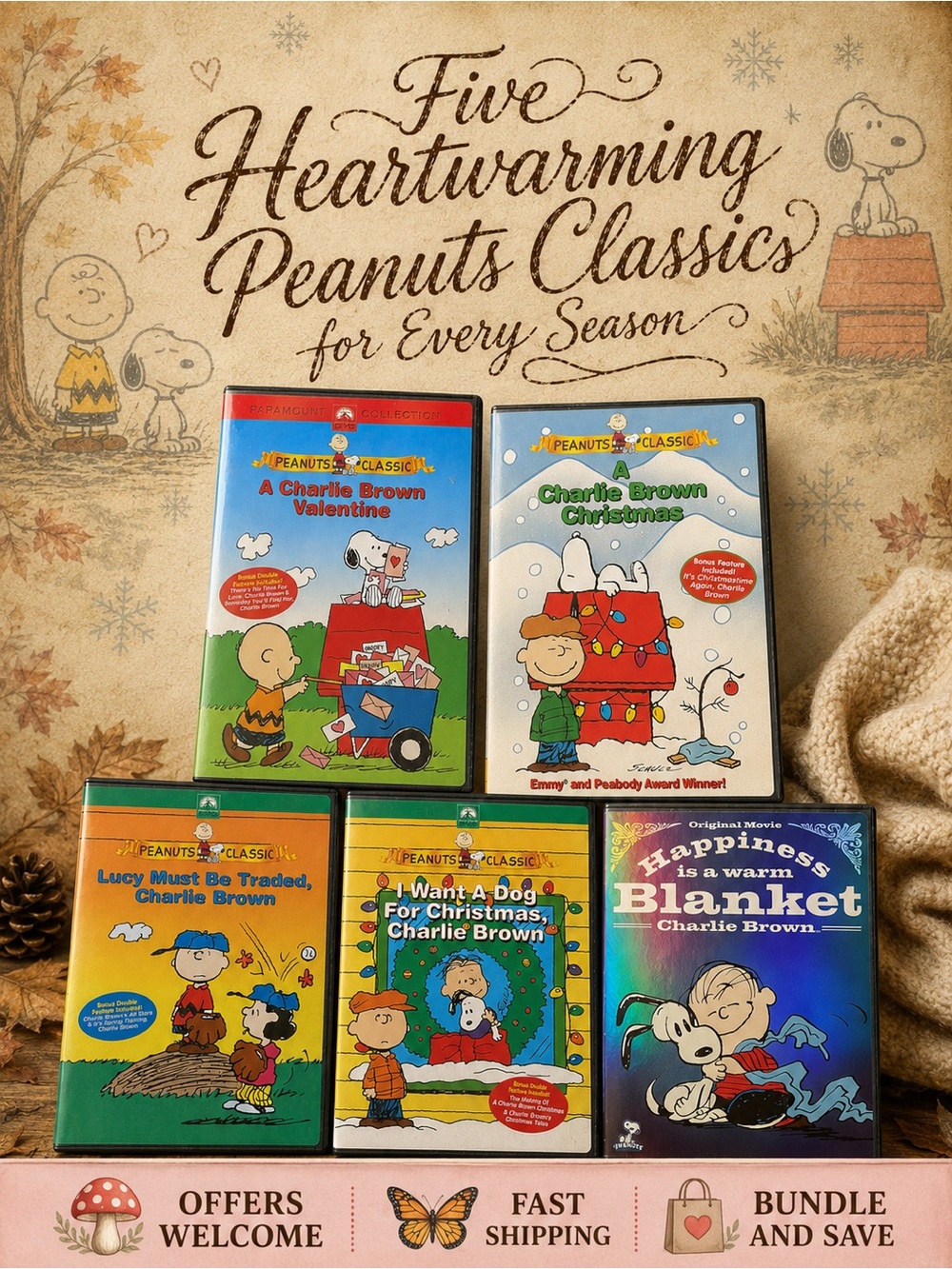 Peanuts Charlie Brown 5 DVD Collection Christmas Valentine Snoopy Family Classic